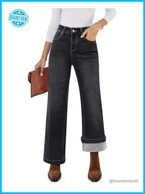 High Waisted Wide Leg Flare Jeans with Fleece Lining Stretchy Denim Pants